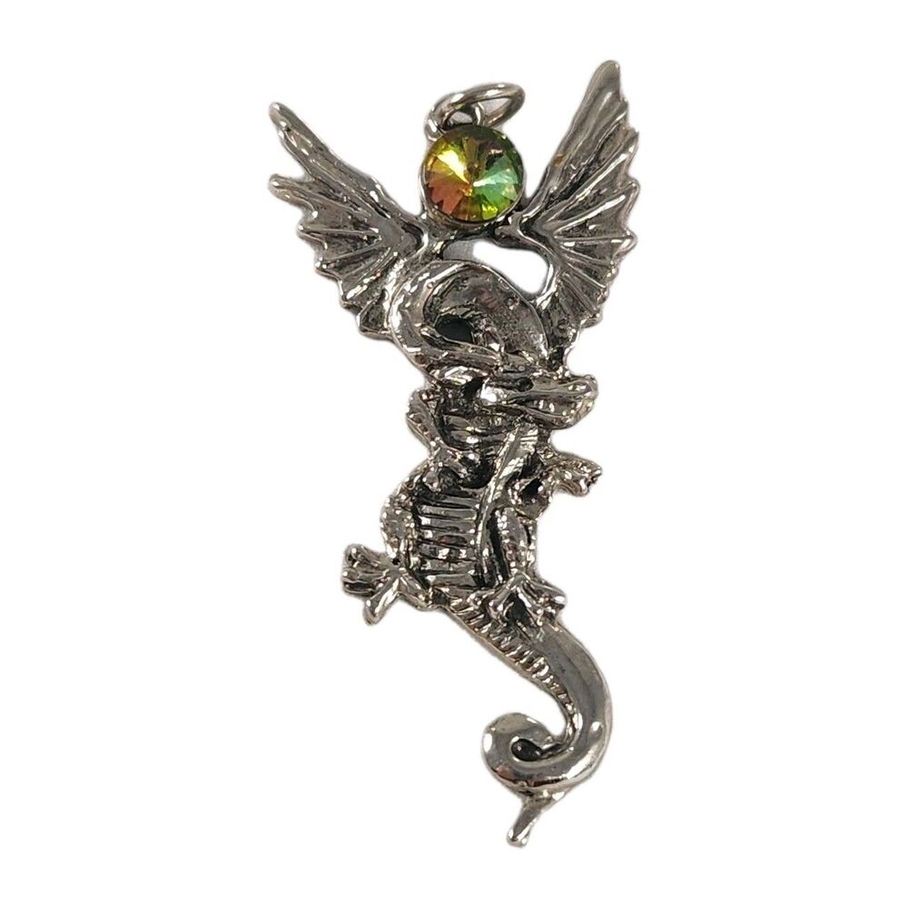 1990s Winged Dragon w/ Crystal Pendant Fantasy Gothic 2.25"x1" Metal Alloy